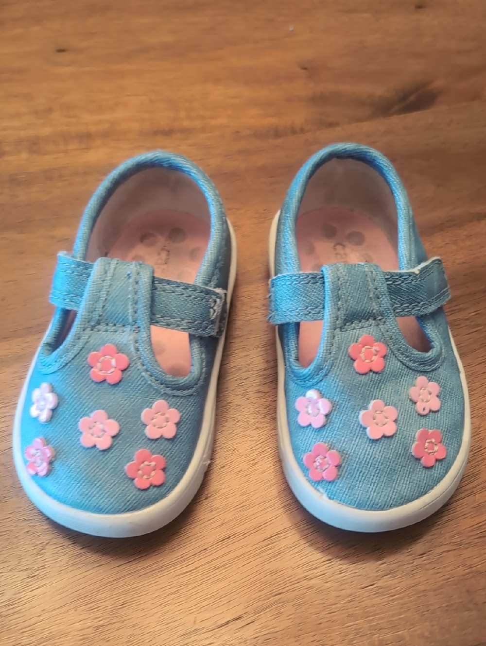 Carter's Blue Canvas Mary Jane Shoes with Pink Flower Accents